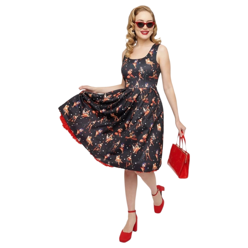 Dolly and Dotty 1950s Black Pinup Print Amanda Swing Dress